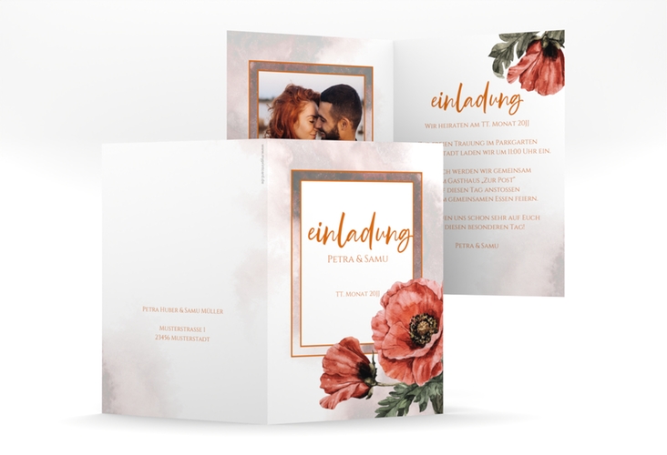 Einladungskarte Hochzeit Sommer A6 Klappkarte hoch rot hochglanz mit Mohnblumen-Aquarell