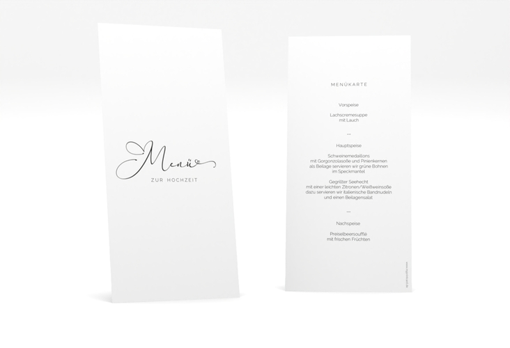 Menükarte Hochzeit Jawort lange Karte hoch weiss hochglanz modern minimalistisch mit veredelter Aufschrift