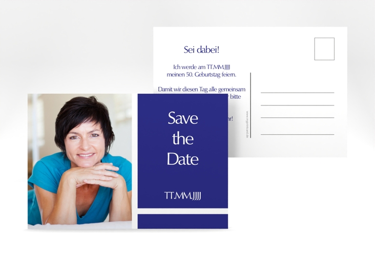 Save the Date-Postkarte Geburtstag Gerd/Gerda A6 Postkarte blau mit Foto