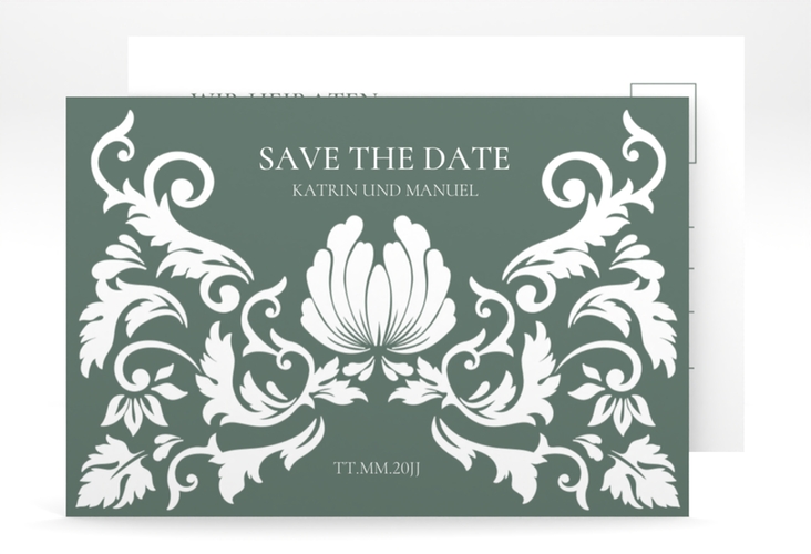 Save the Date-Postkarte Royal A6 Postkarte gruen mit barockem Blumen-Ornament
