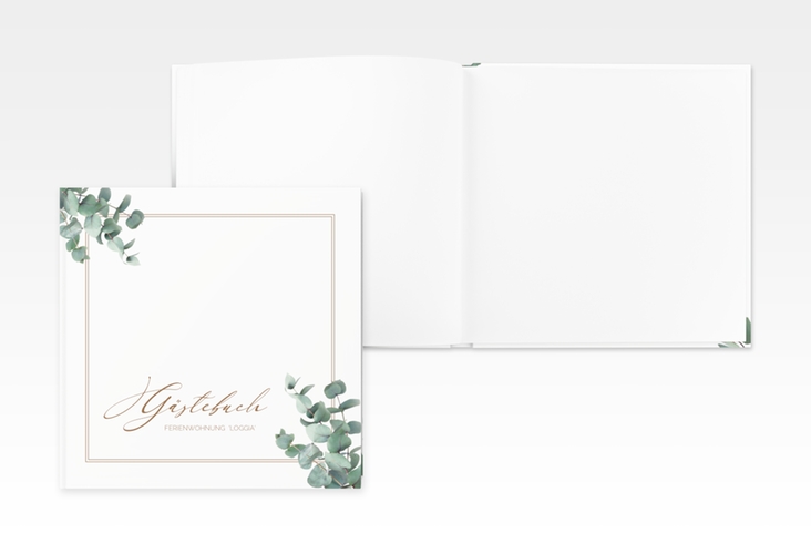 Gästebuch Creation Ferienwohnung Loggia 20 x 20 cm, Hardcover weiss mit Eukalyptus-Zweigen