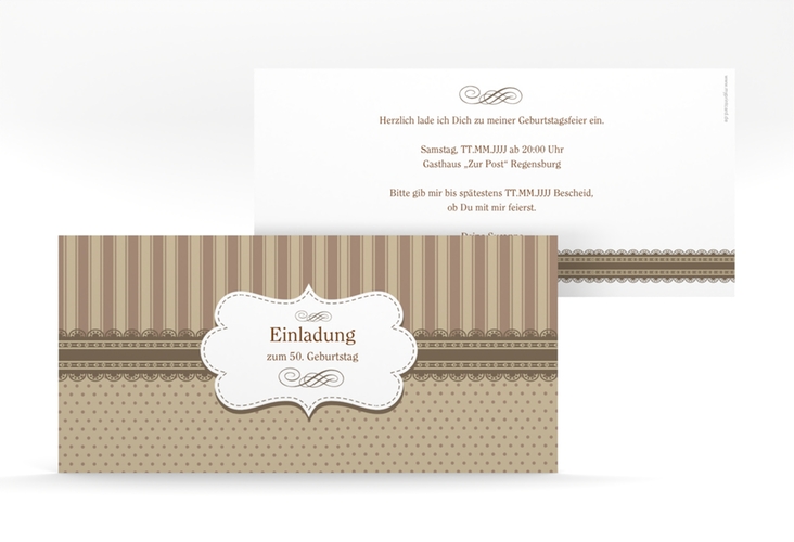 Einladung 50. Geburtstag Heinrich/Henriette lange Karte quer braun mit frechen Polka Dots