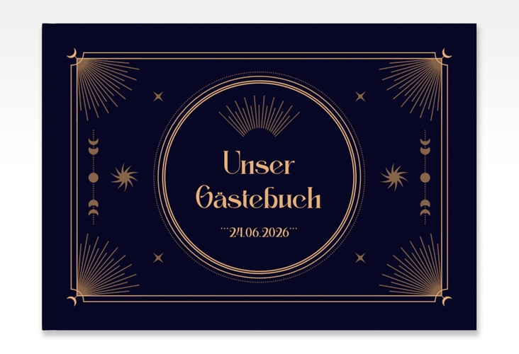 Gästebuch A4 quer Astro A4 quer, Hardcover blau mit Sonne, Mondphasen und Sternen