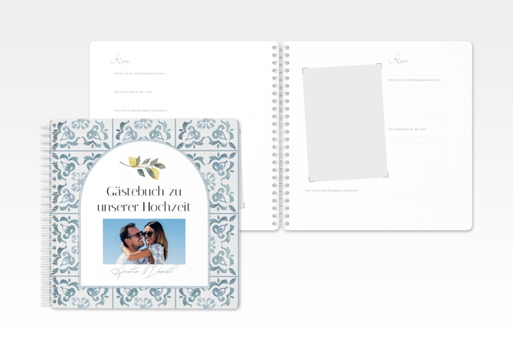 Gästebuch Hochzeit Azulejo Ringbindung mit mediterranem Azulejo-Muster und Zitronen