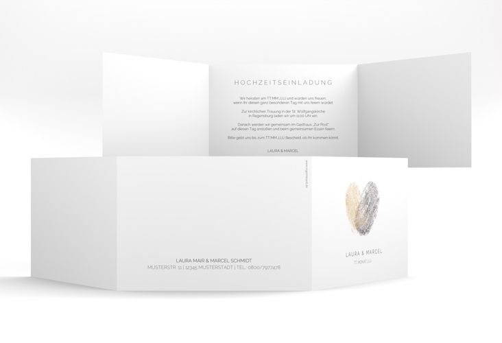 Hochzeitseinladung Fingerprint A6 Doppel-Klappkarte beige schlicht mit Fingerabdruck-Motiv