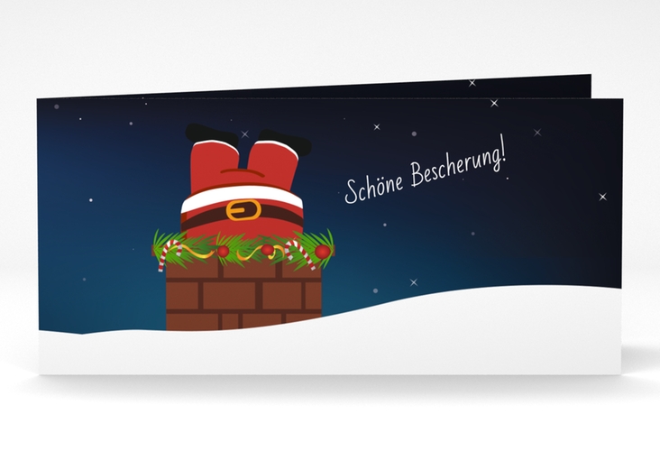 Weihnachtskarte Kamin lange Klappkarte quer lustig mit Weihnachtsmann im Kamin