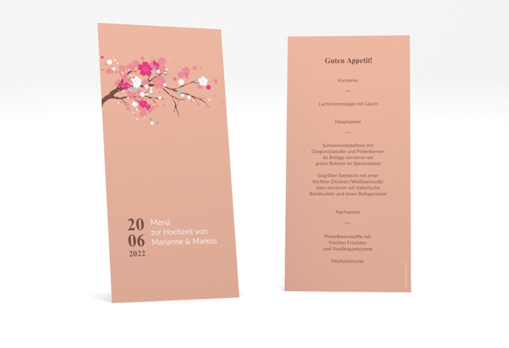 Menükarte Hochzeit Sakura lange Karte hoch apricot hochglanz