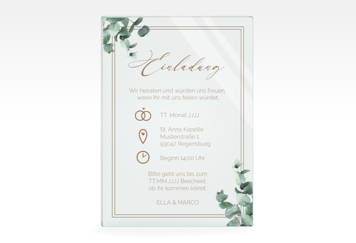 Acryl-Hochzeitseinladung "Eucalypt" Acrylkarte hoch weiss mit Eukalyptus und edlem Rahmen