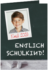 Klick: Details zu Einschulungskarte "Tafel" anzeigen Einschulungskarte Tafel A6 Klappkarte hoch gruen mit Foto