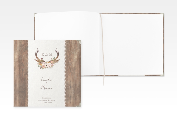 Gästebuch Selection Hochzeit Heimatjuwel Leinen-Hardcover braun mit Hirschgeweih und Holz-Hintergrund