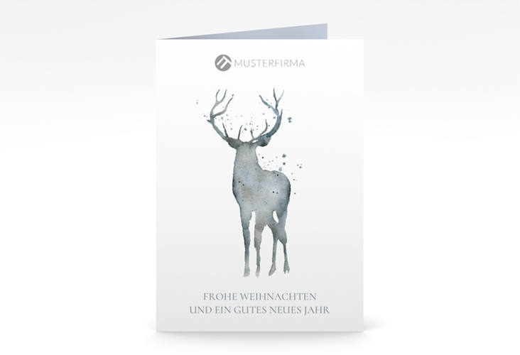 Business-Weihnachtskarte Edelhirsch A6 Klappkarte hoch blau mit Hirsch-Silhouette in Aquarell