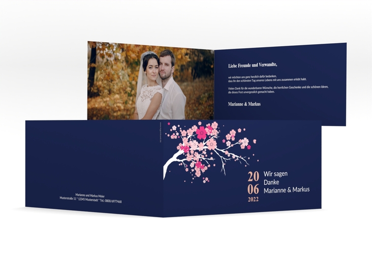 Danksagungskarte Hochzeit Sakura lange Klappkarte quer blau hochglanz