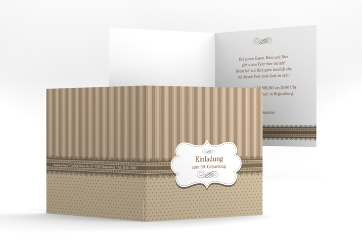 Einladung 50. Geburtstag Heinrich/Henriette quadr. Klappkarte braun mit frechen Polka Dots