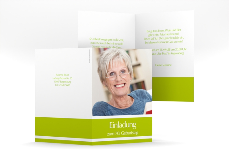 Einladung 70. Geburtstag Gerd/Gerda A6 Klappkarte hoch gruen mit Foto
