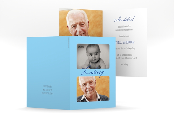 Einladung 80. Geburtstag Zeitlos A6 Klappkarte hoch blau mit Damals- und Heute-Fotos