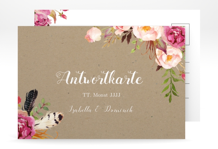Antwortkarte Hochzeit Flowers A6 Postkarte Kraftpapier mit bunten Aquarell-Blumen