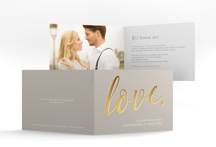 Hochzeitseinladung Glam A6 Klappkarte quer grau hochglanz