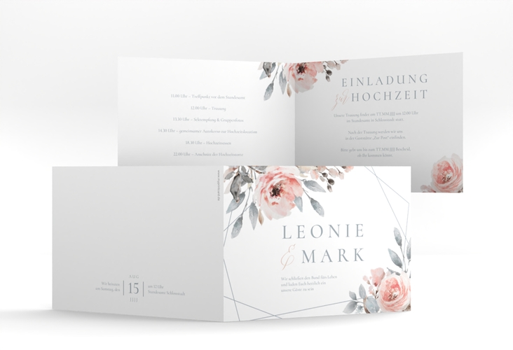 Hochzeitseinladung Perfection A6 Klappkarte quer weiss hochglanz mit rosa Rosen