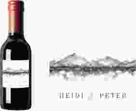Piccoloetikett Hochzeit Bergliebe Etikett Piccolo grau mit Gebirgspanorama für Berghochzeit