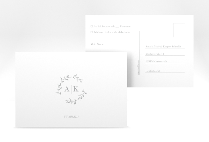 Antwortkarte Hochzeit Filigrana A6 Postkarte hochglanz in reduziertem Design mit Initialen und zartem Blätterkranz