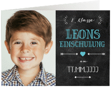 Einschulungskarte Buchstabenparty A6 Klappkarte quer blau