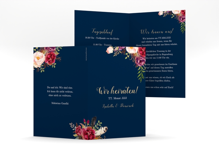 Einladungskarte Hochzeit Flowers A6 Klappkarte hoch blau hochglanz mit bunten Aquarell-Blumen