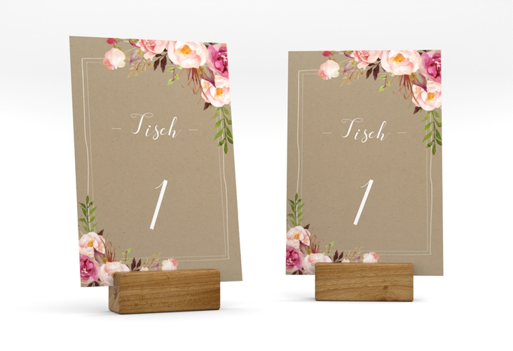 Tischnummer Hochzeit Flowers Tischaufsteller Kraftpapier hochglanz mit bunten Aquarell-Blumen