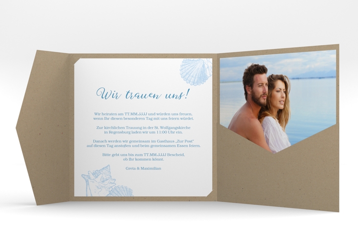 Hochzeitseinladung "Muschelreich" Pocketfold blau