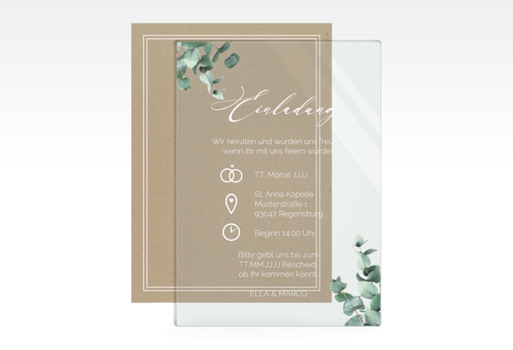 Acryl-Hochzeitseinladung Eucalypt Acrylkarte + Deckblatt hoch Kraftpapier mit Eukalyptus und edlem Rahmen
