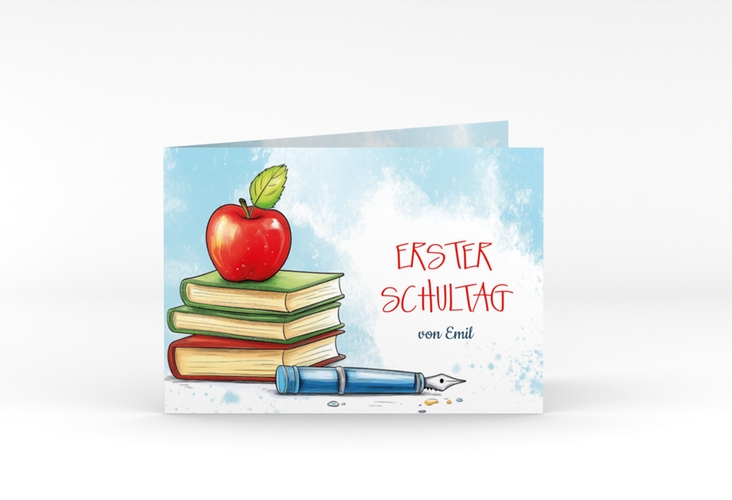Einschulungskarte Füller A6 Klappkarte quer bunt mit Stapel bunter Schulbücher und Pausen-Apfel