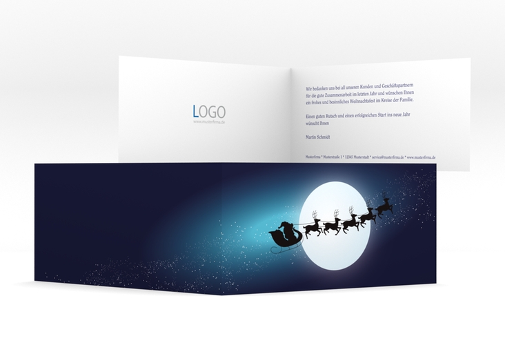 Geschäftliche Weihnachtskarte "Rentiere" DIN lang Klappkarte dunkelblau mit fliegendem Rentierschlitten