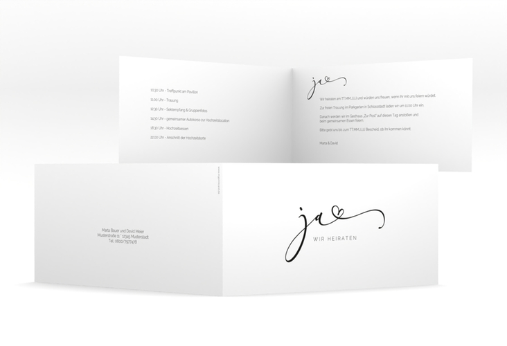 Hochzeitseinladung Jawort lange Klappkarte quer weiss hochglanz modern minimalistisch mit veredelter Aufschrift
