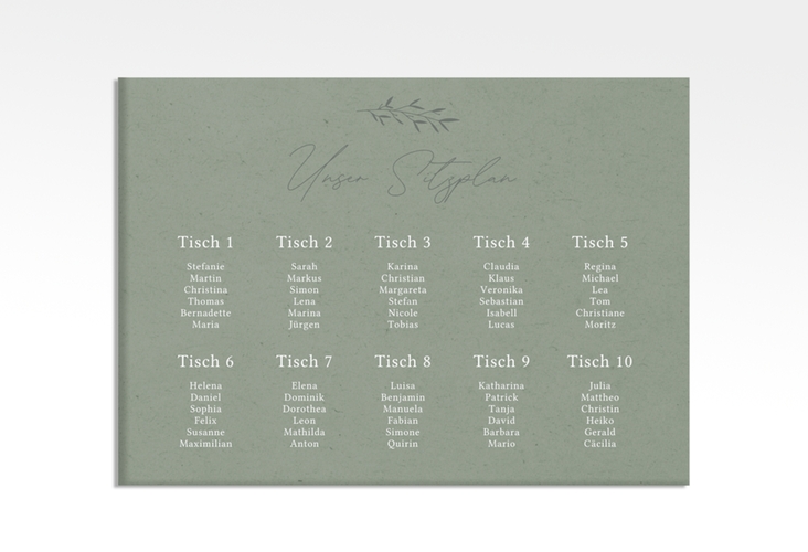 Sitzplan Leinwand Hochzeit Greenletter 70 x 50 cm Leinwand gruen mit Initialen in elegantem Goldrahmen mit Blättern