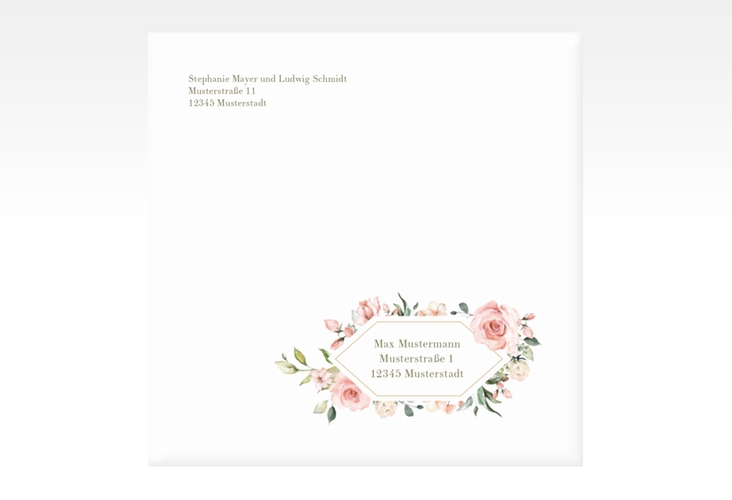 Kuvert quadratisch Graceful quadratisch weiss mit Rosenblüten in Rosa und Weiß
