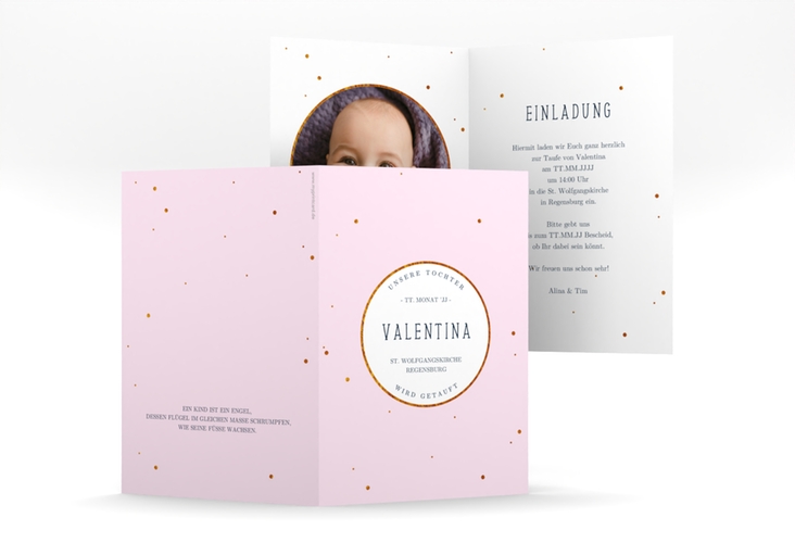 Einladungskarte Taufe  Sparkling A6 Klappkarte hoch rosa hochglanz