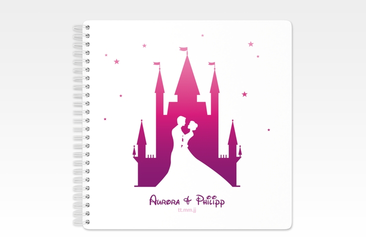Gästebuch Hochzeit Castle Ringbindung pink mit Silhouette von Märchenschloss mit Prinz und Prinzessin