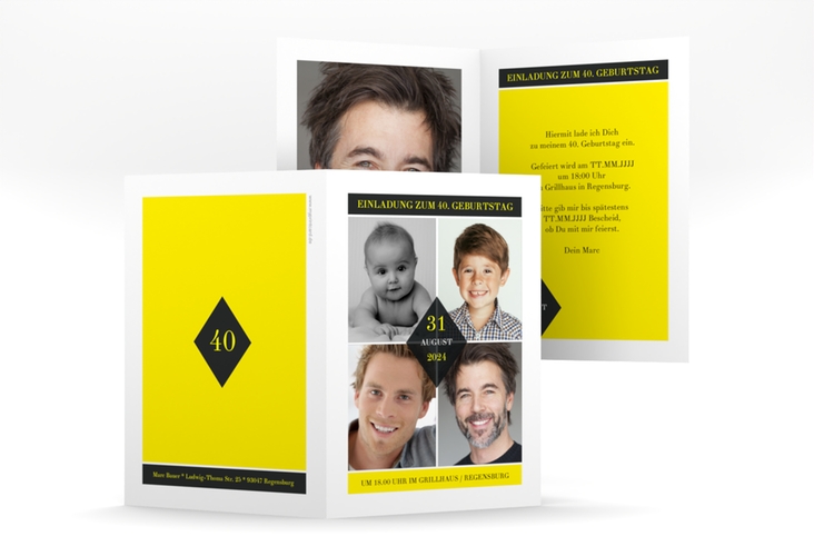 Einladung 40. Geburtstag Rhombus A6 Klappkarte hoch gelb modern mit vier Fotos