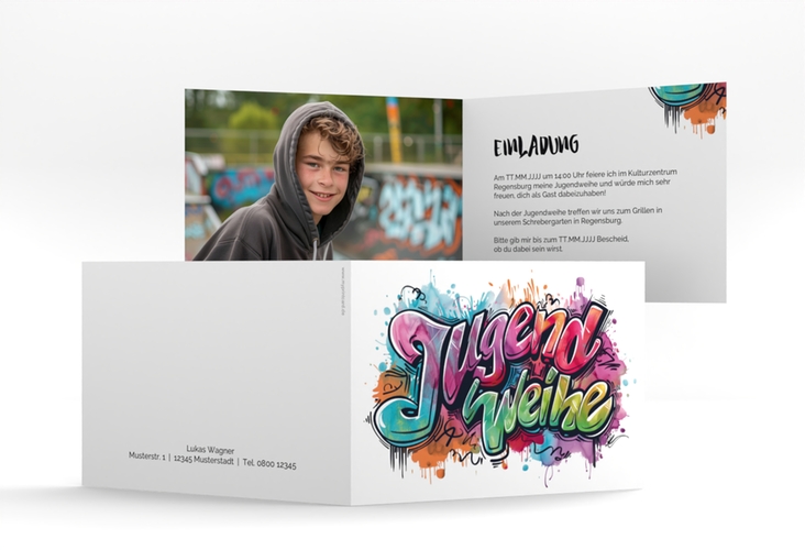 Einladungskarte Jugendweihe Stylewriting A6 Klappkarte quer bunt mit Graffiti-Schriftzug