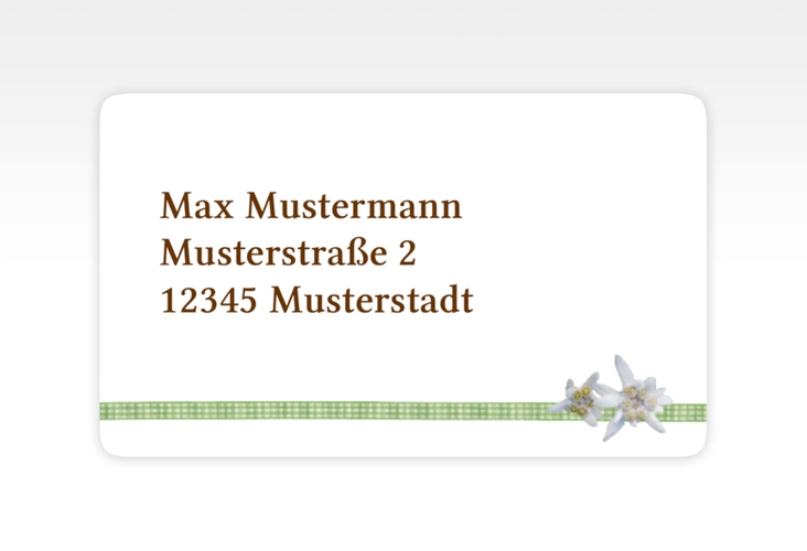 Empfängeretikett Hochzeit Bayern 63,5 x 38,1 mm gruen mit Edelweiß in rustikaler Holz-Optik