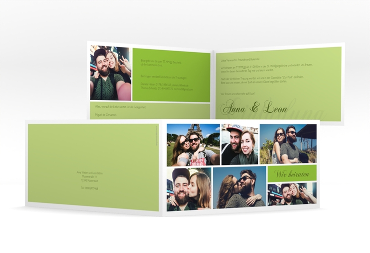 Hochzeitseinladung Collage lange Klappkarte quer gruen