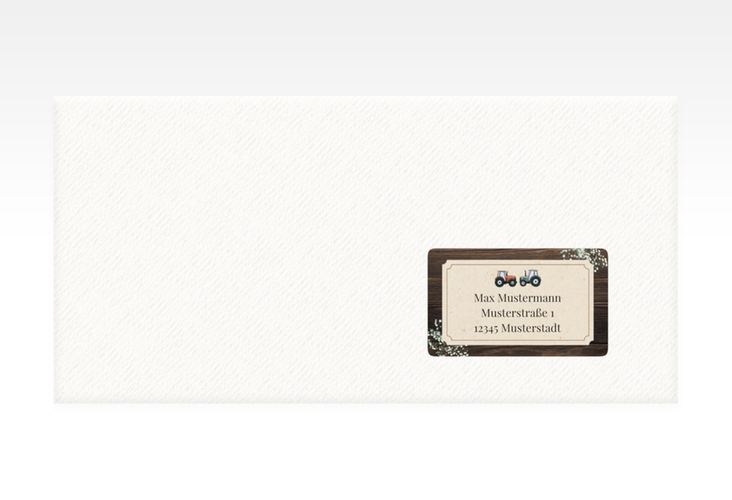 Empfängeretikett Hochzeit Bauernhochzeit 63,5 x 38,1 mm braun in rustikaler Holz-Optik mit Schleierkraut und zwei kleinen Traktoren