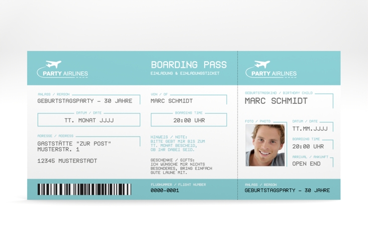 Einladung 30. Geburtstag Boardingpass lange Karte quer tuerkis hochglanz im Flugticket-Design