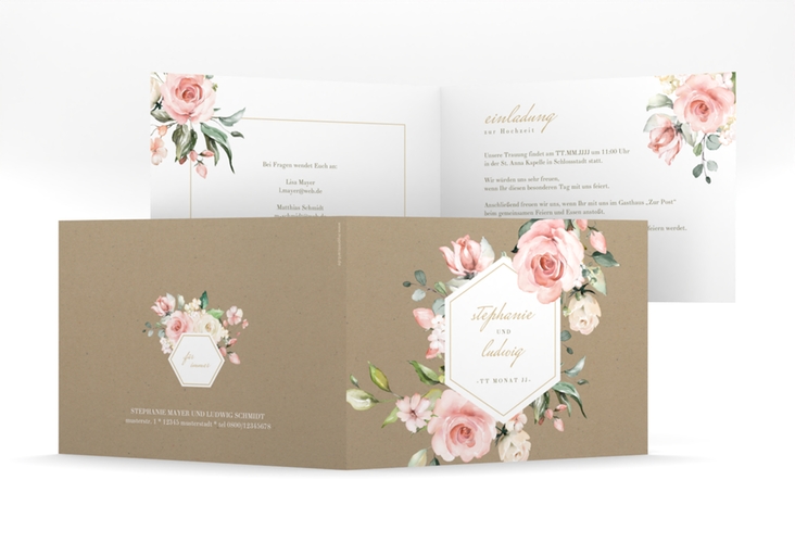 Hochzeitseinladung Graceful mittlere Klappkarte quer Kraftpapier mit Rosenblüten in Rosa und Weiß