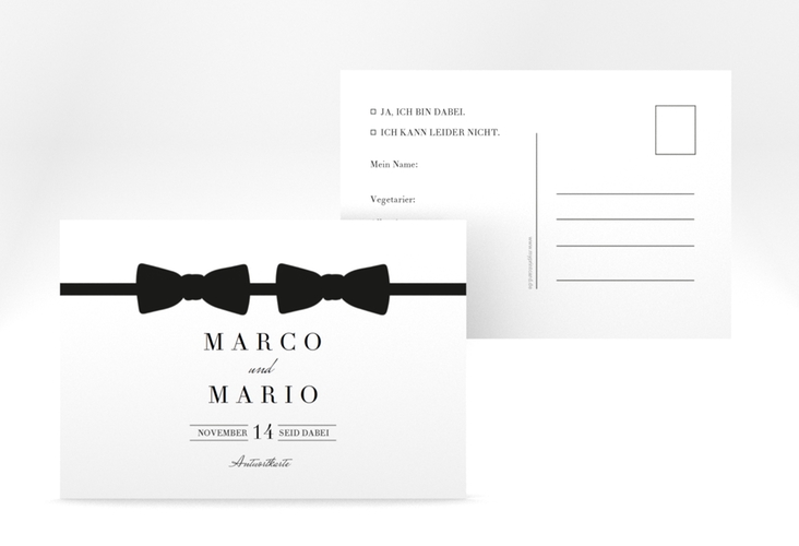 Antwortkarte Hochzeit Suits A6 Postkarte schwarz hochglanz