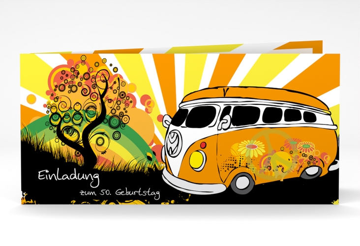 Einladung 50. Geburtstag Heiko/Heike lange Klappkarte quer mit Hippie-Bus und psychedelischen Mustern