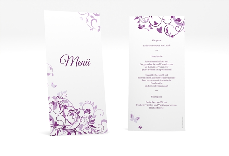Menükarte Hochzeit Lilly lange Karte hoch lila
