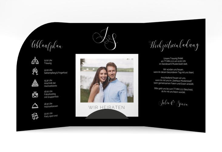 Hochzeitseinladung Eheschließung mittlere Bogen-Wickelfalzkarte schwarz