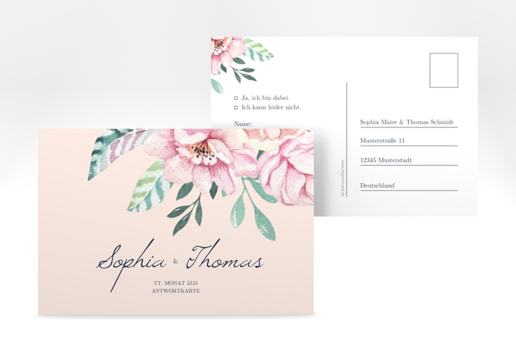 Antwortkarte Hochzeit Blooming A6 Postkarte rosa