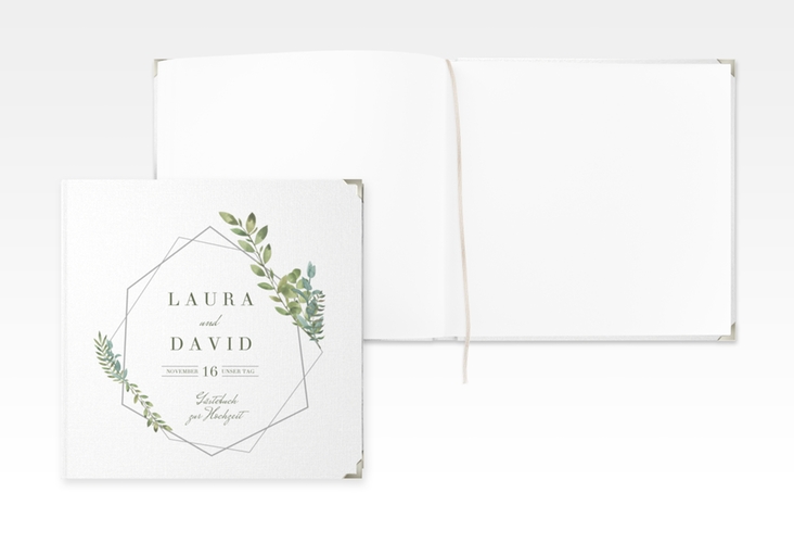 Gästebuch Selection Hochzeit Herbarium Leinen-Hardcover grau mit geometrischem Rahmen und Blätter-Dekor