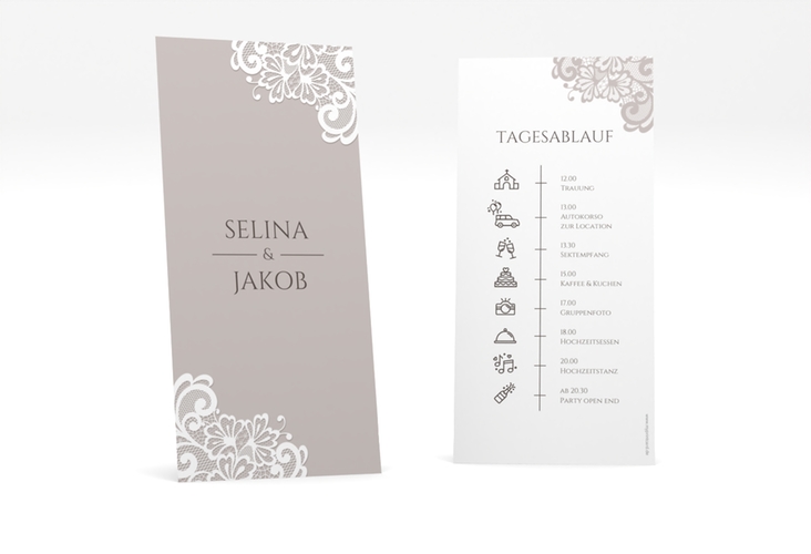Tagesablauf Hochzeit Vintage lange Karte hoch mit floraler Spitze